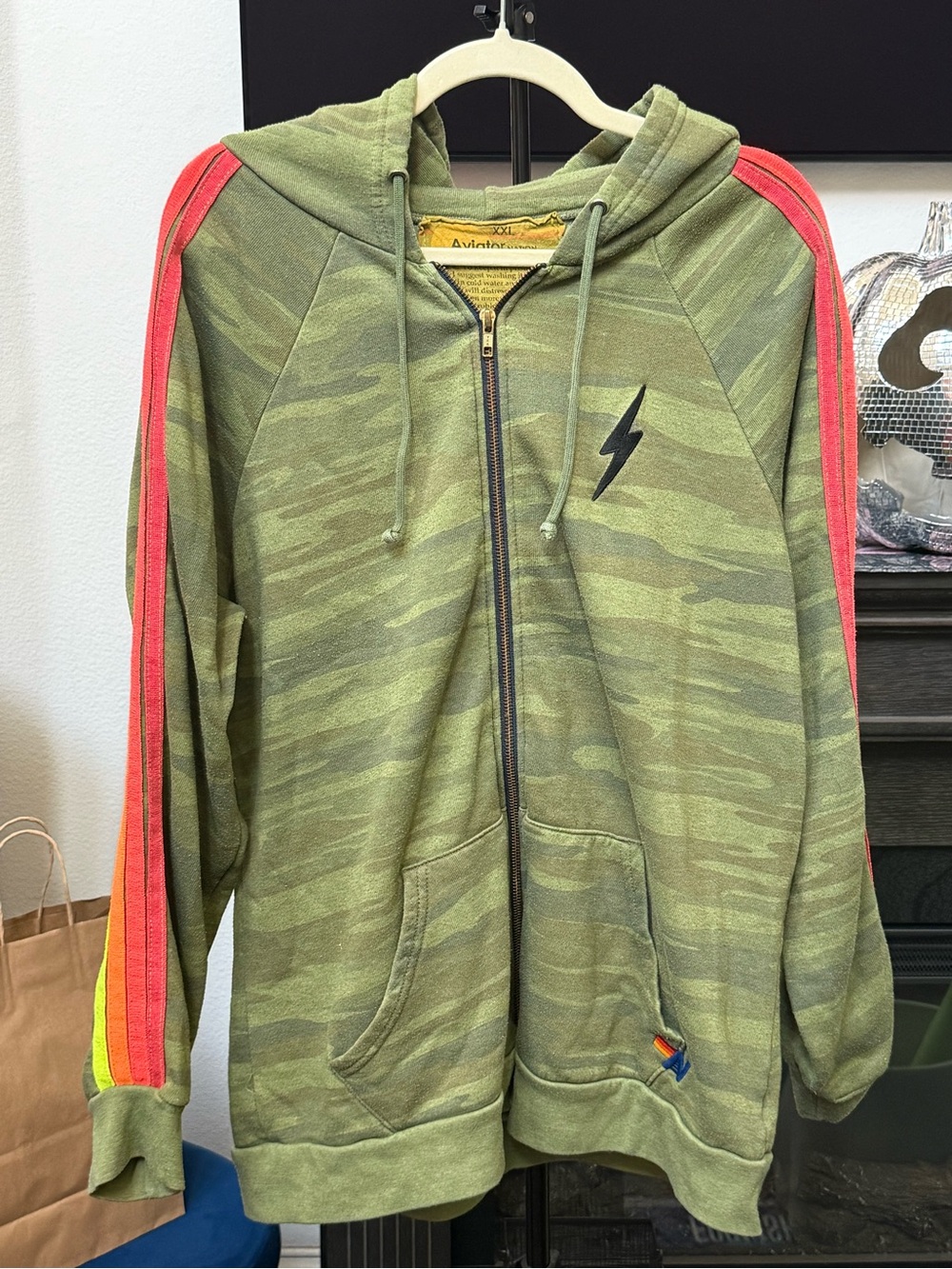 Women’s Aviator Nation Olive Green Camo Zip Hoodie with Stripes and Black Bolt